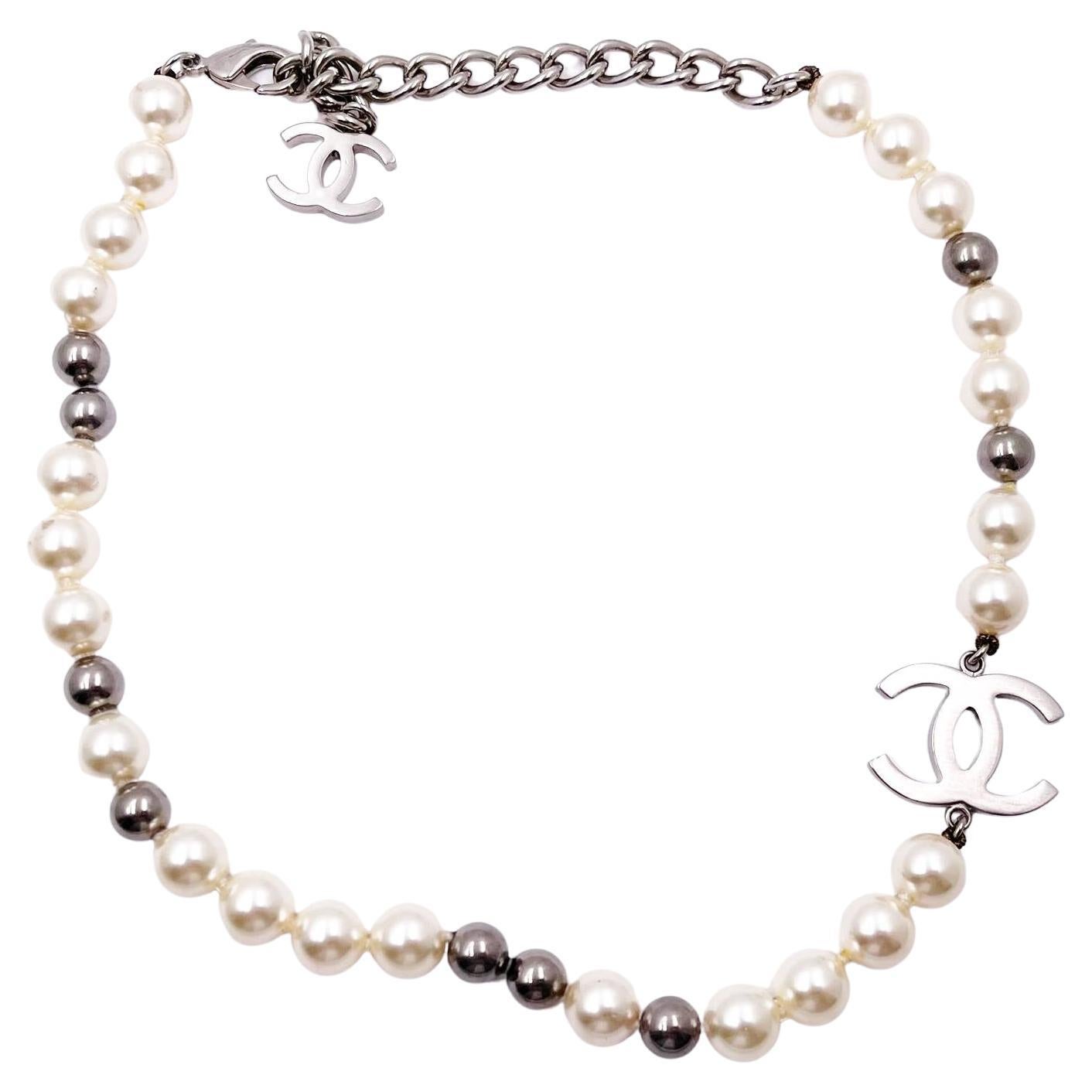 Chanel Silver CC Grey Bead Pearl Short Necklace