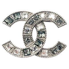 Chanel Silver CC Grey Princess Square Round Crystal Small Brooch