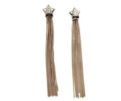 Chanel Silver CC Grey Shooting Star Silver Chain Tassel Long Dangle Earrings