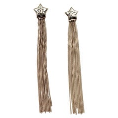 Chanel Silver CC Grey Shooting Star Silver Chain Tassel Long Dangle Earrings