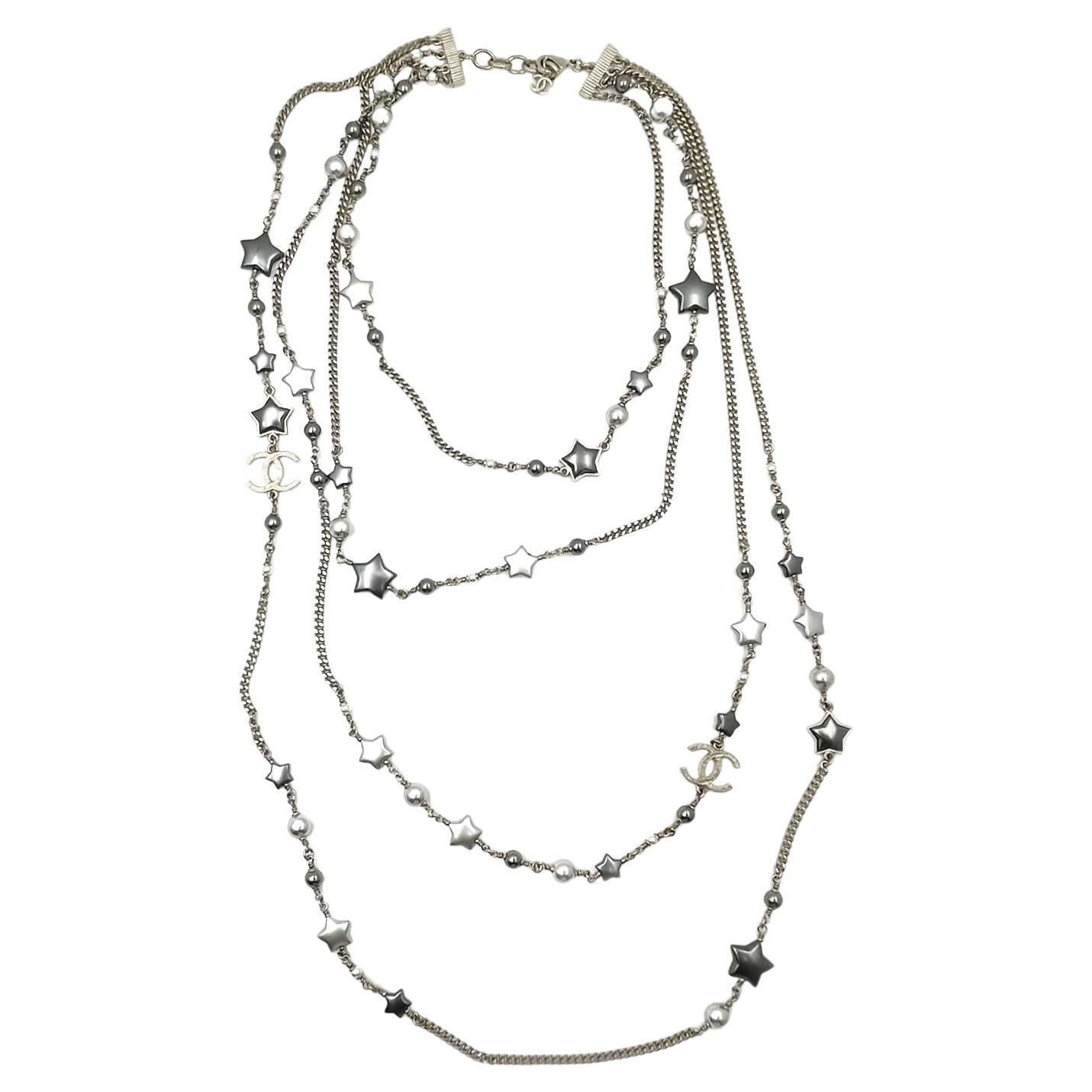 Chanel Silver CC Grey Stars 4 Strand Chain Necklace For Sale