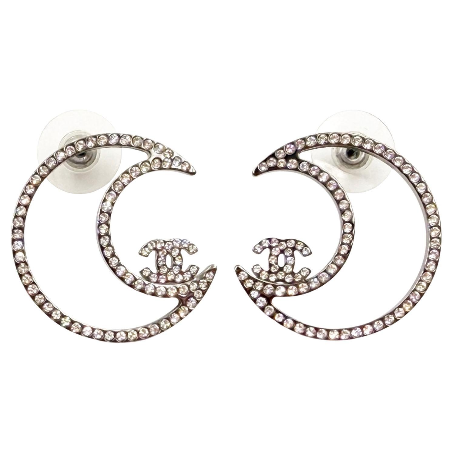 Chanel Silver CC Half Moon Crystal Piercing Earrings For Sale