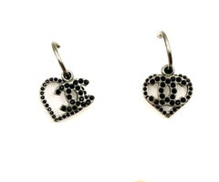 Chanel Silver CC Heart Black Crystal Overlap Hoop Earrings