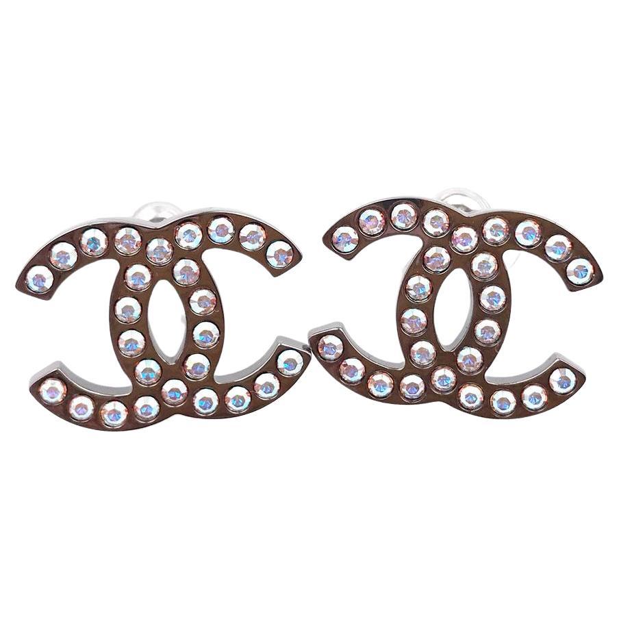 Chanel Silver CC Princess Crystal Geo Pearl Large Drop Piercing Earrings  For Sale at 1stDibs