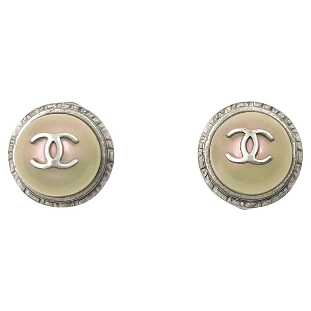Chanel Silver CC Iridescent Pearl Gumball Clip on Earrings   For Sale