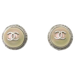 Retro Chanel Silver CC Iridescent Pearl Gumball Clip on Earrings  
