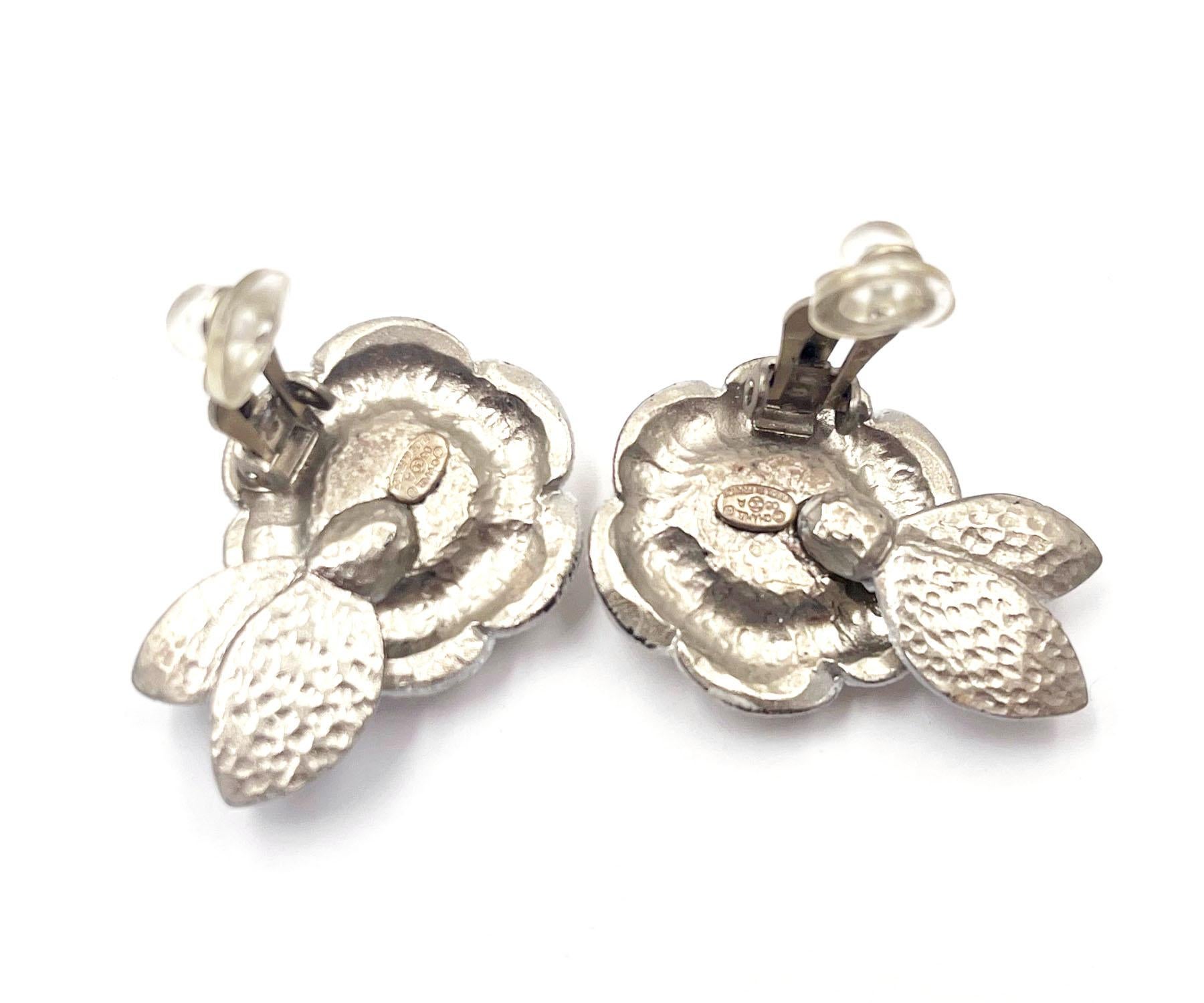 Chanel Silver CC Ivory Camellia Flower Clip on Earrings   In Excellent Condition In Pasadena, CA