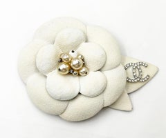 Chanel Silver CC Ivory Camellia Flower Large Brooch