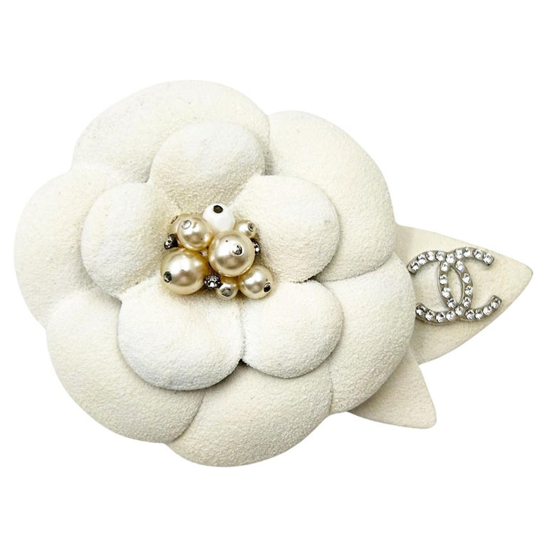 Chanel Silver CC Ivory Camellia Flower Large Brooch For Sale at