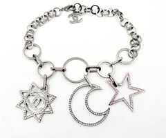 Chanel Silver CC Large Star Moon Pastel Crystal Chain Necklace