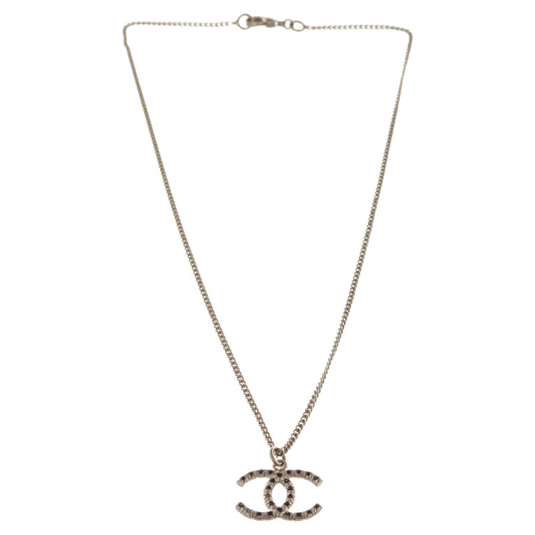 Chanel Vintage Silver CC logo With Black Rhinestone Pendant