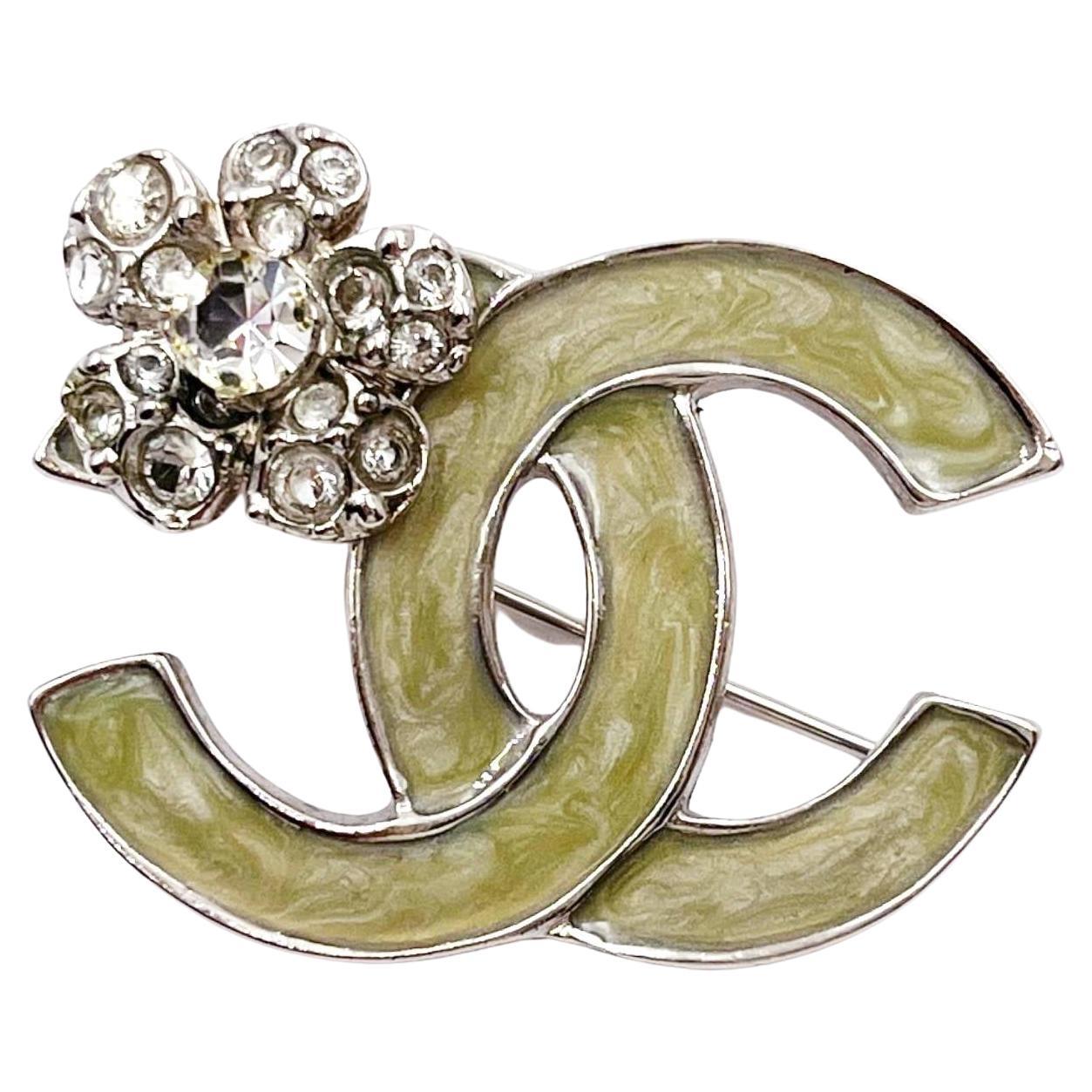 Chanel Silver CC Mint Enamel Corner Crystal Flower Brooch For Sale