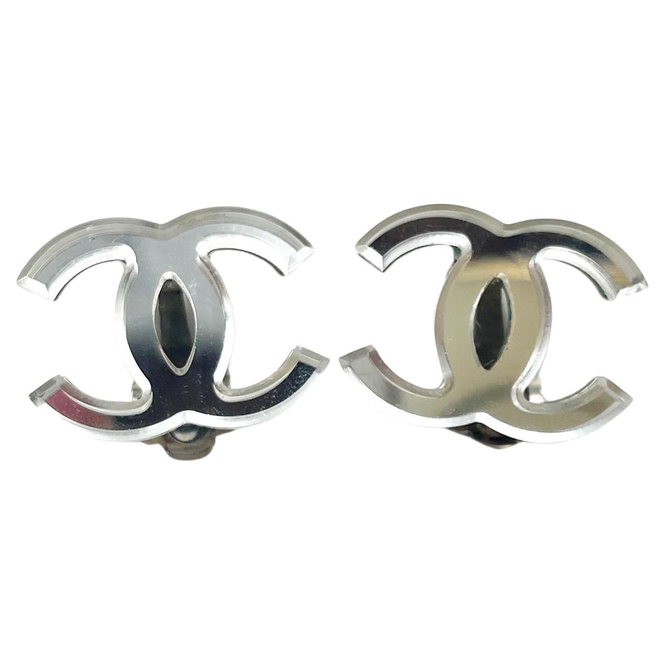Chanel Silver CC Mirror Large Clip on Earrings 