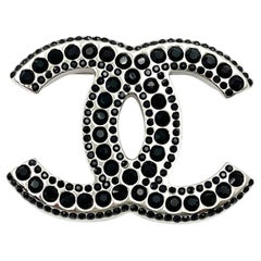 Chanel Silver CC Multi Black Crystal Medium Brooch