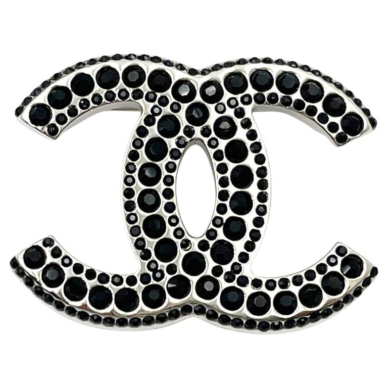 Chanel Silver CC Multi Black Crystal Medium Brooch For Sale at 1stDibs