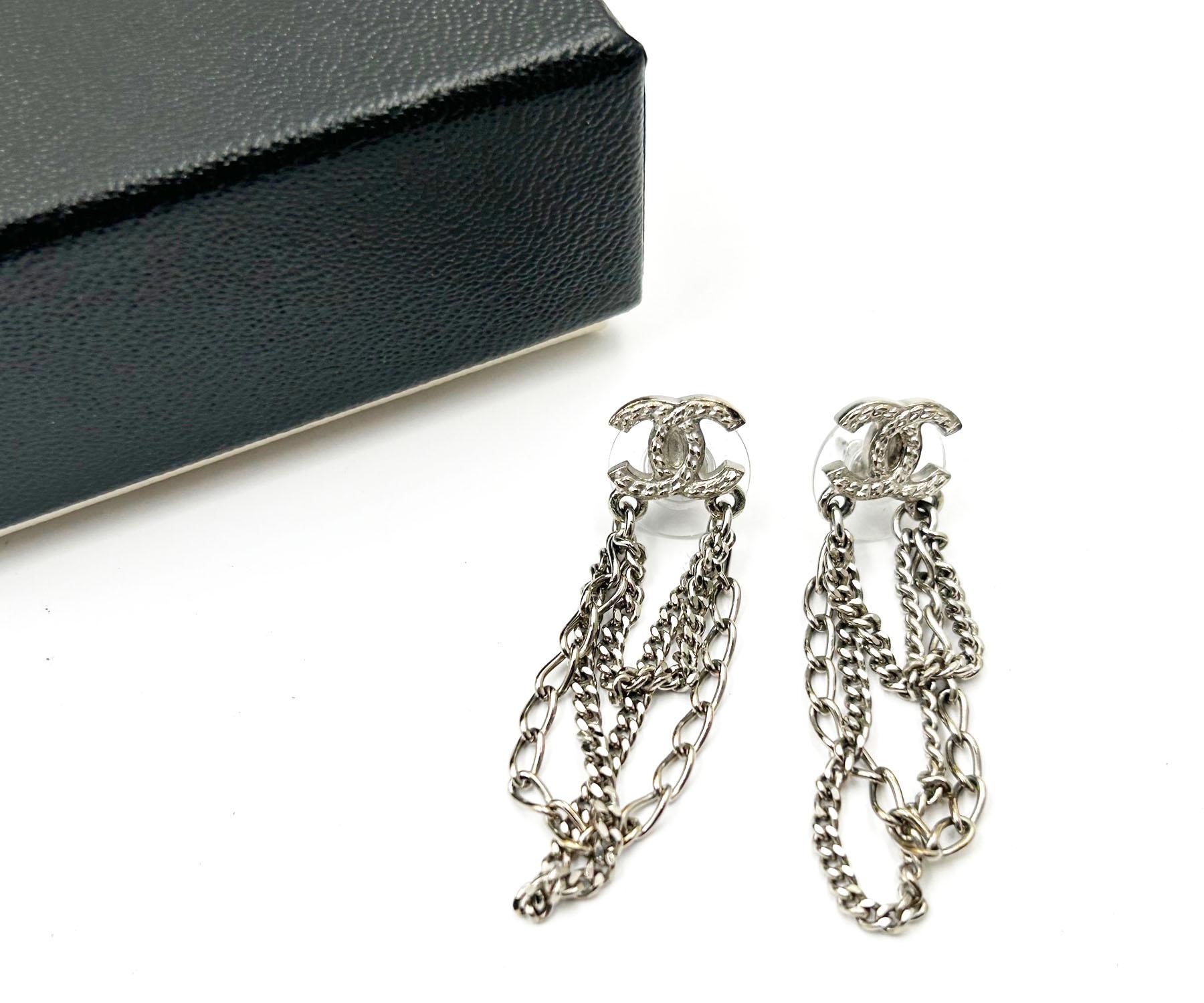 Artisan Chanel Silver CC Multi Chain Dangle Piercing Earrings  For Sale