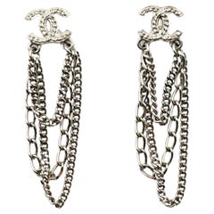 Chanel Silver CC Multi Chain Dangle Long Piercing Earrings