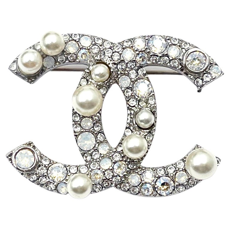 Chanel Silver CC Opal Crystal Freshwater Pearl Small Brooch For