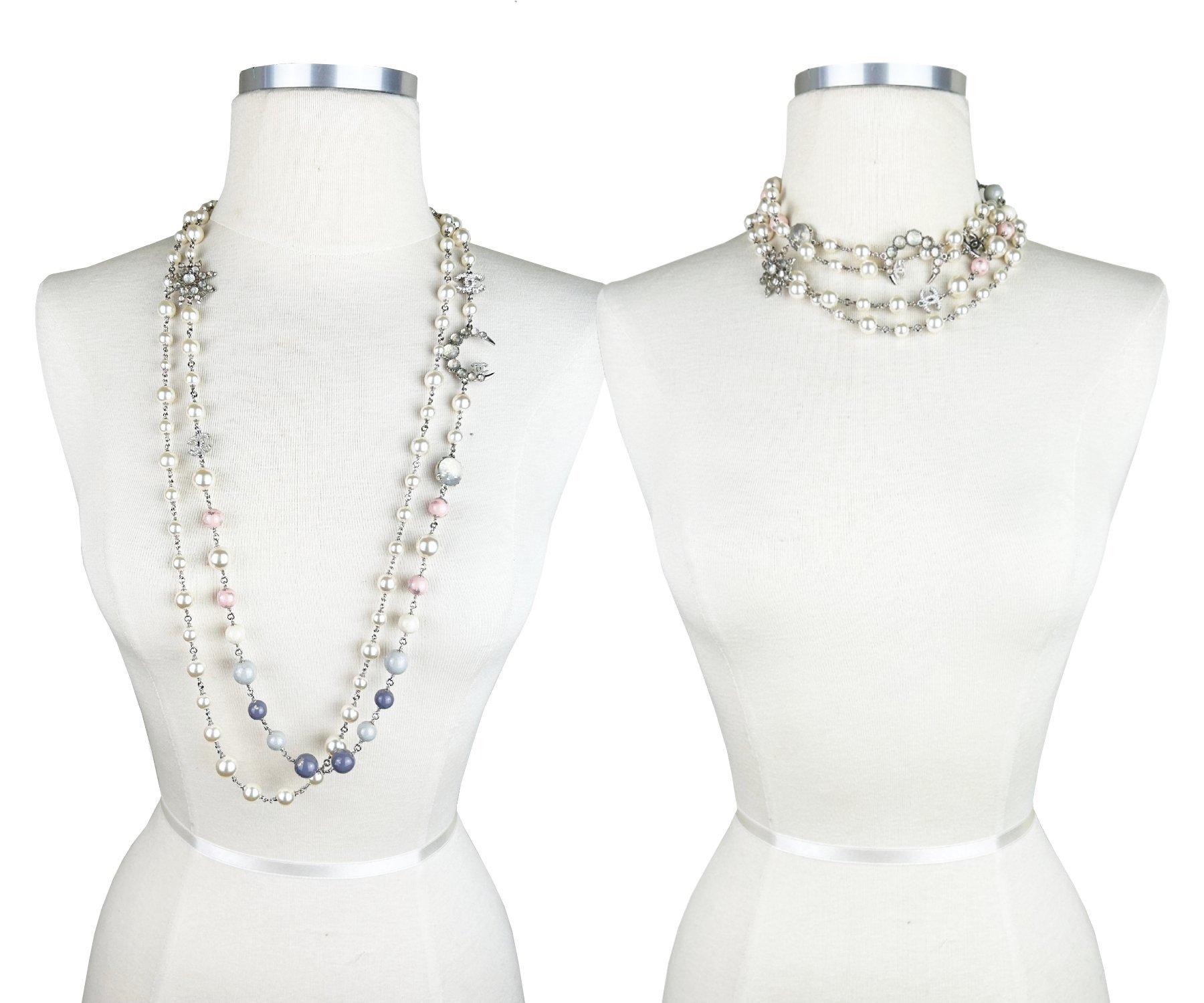 Artisan Chanel Silver CC Opal Moon Star Pastel Bead 2 Strand Necklace For Sale