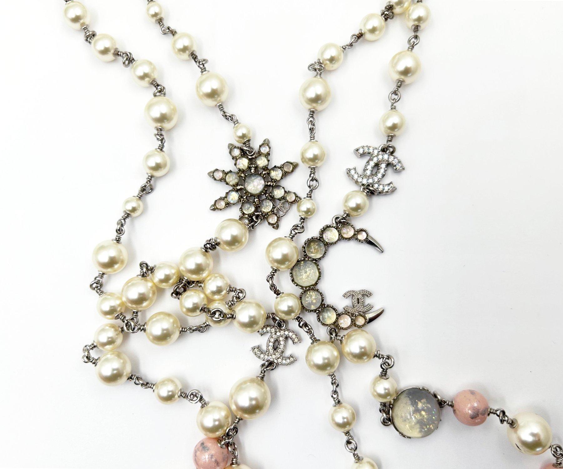 Chanel Silver CC Opal Moon Star Pastel Bead 2 Strand Necklace In Excellent Condition For Sale In Pasadena, CA