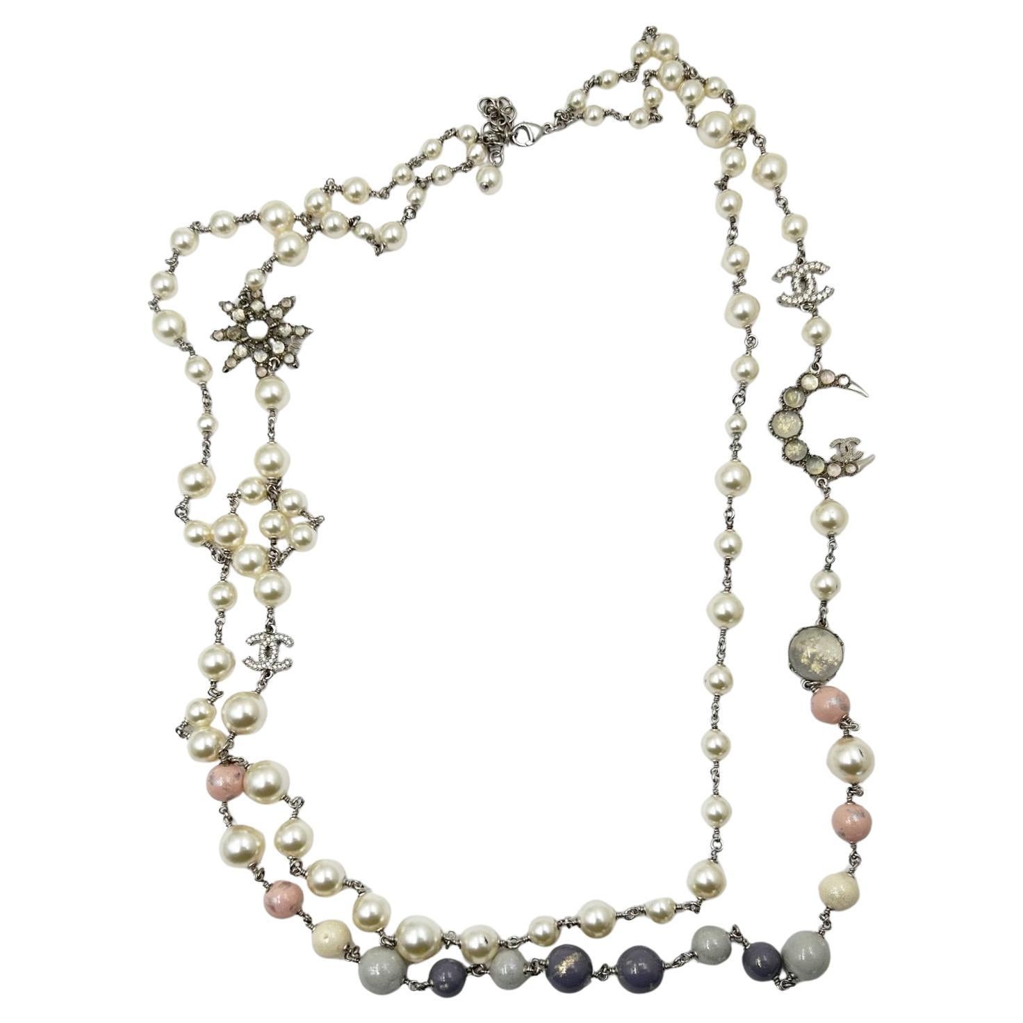 Chanel Silver CC Opal Moon Star Pastel Bead 2 Strand Necklace For Sale