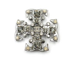 Chanel Silver CC Peach Grey Crystal Cross Brooch