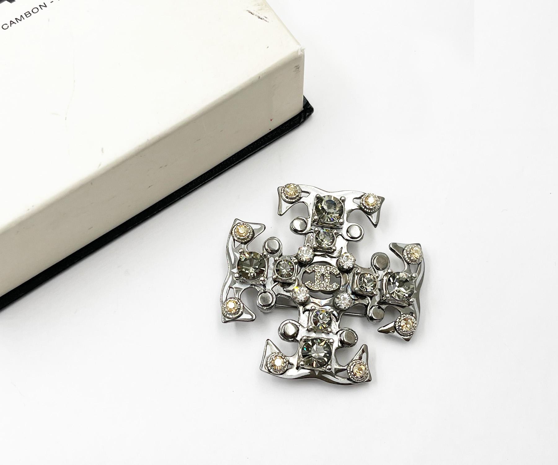 Artisan Chanel Silver CC Peach Grey Crystal Cross Brooch   For Sale
