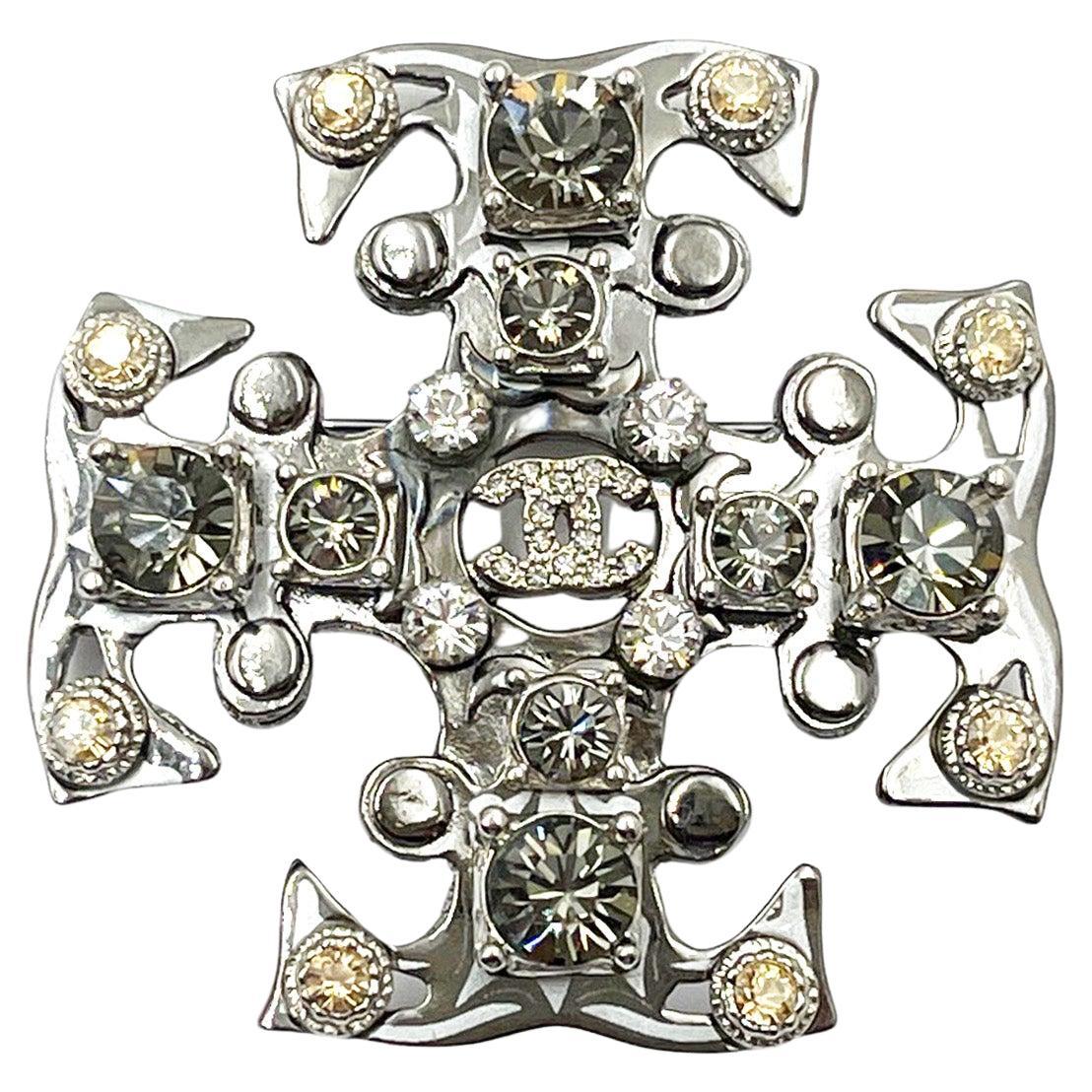 Chanel Silver CC Peach Grey Crystal Cross Brooch   For Sale