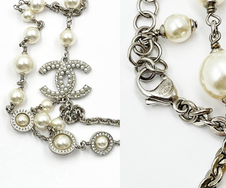 Chanel Silver CC Pearl Crystal Round Pearl Chain Necklace For Sale at ...