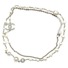 Chanel Silver CC Pearl Crystal Round Pearl Chain Necklace