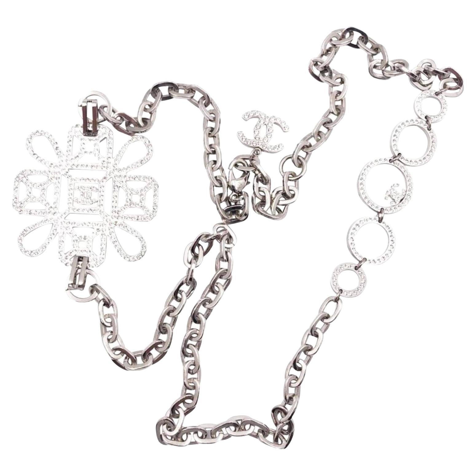 Chanel Silver CC Pendant Ring Crystal Necklace
