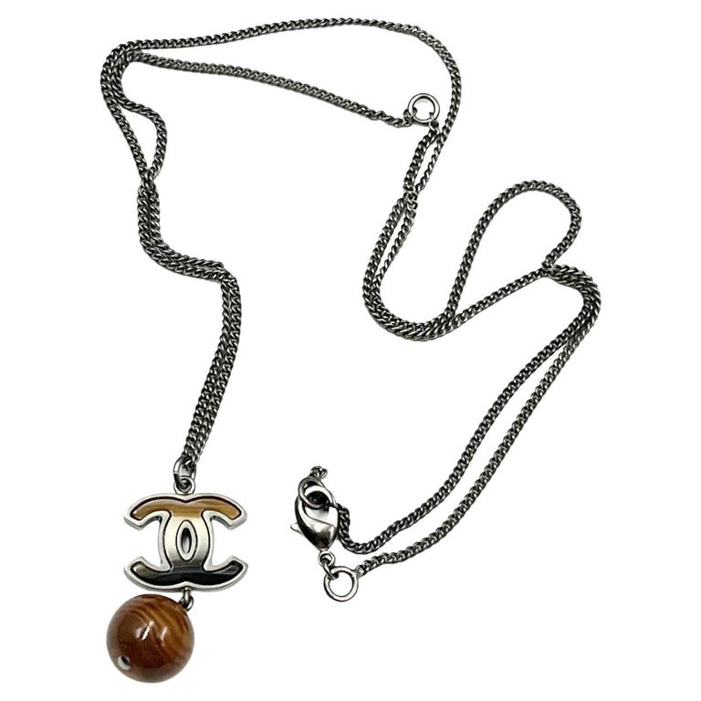 Chanel Silver CC Petrified Wood CC Dangle Pendant Necklace For