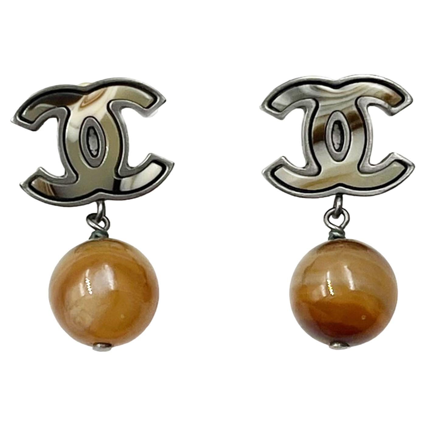 Chanel Silver CC Petrified Wood CC Dangle Piercing Earrings For
