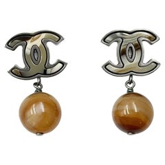 Chanel Silver CC Petrified Wood CC Dangle Piercing Earrings  