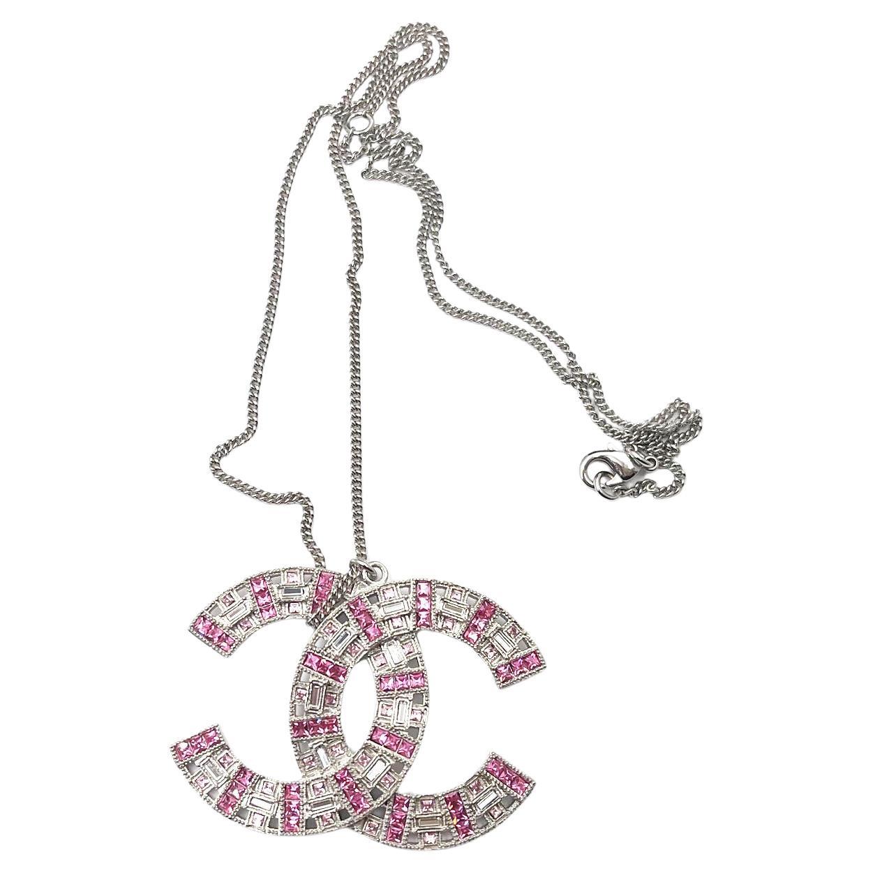 Chanel Silver CC Pink Baguette Crystal Large Pendant Necklace   For Sale