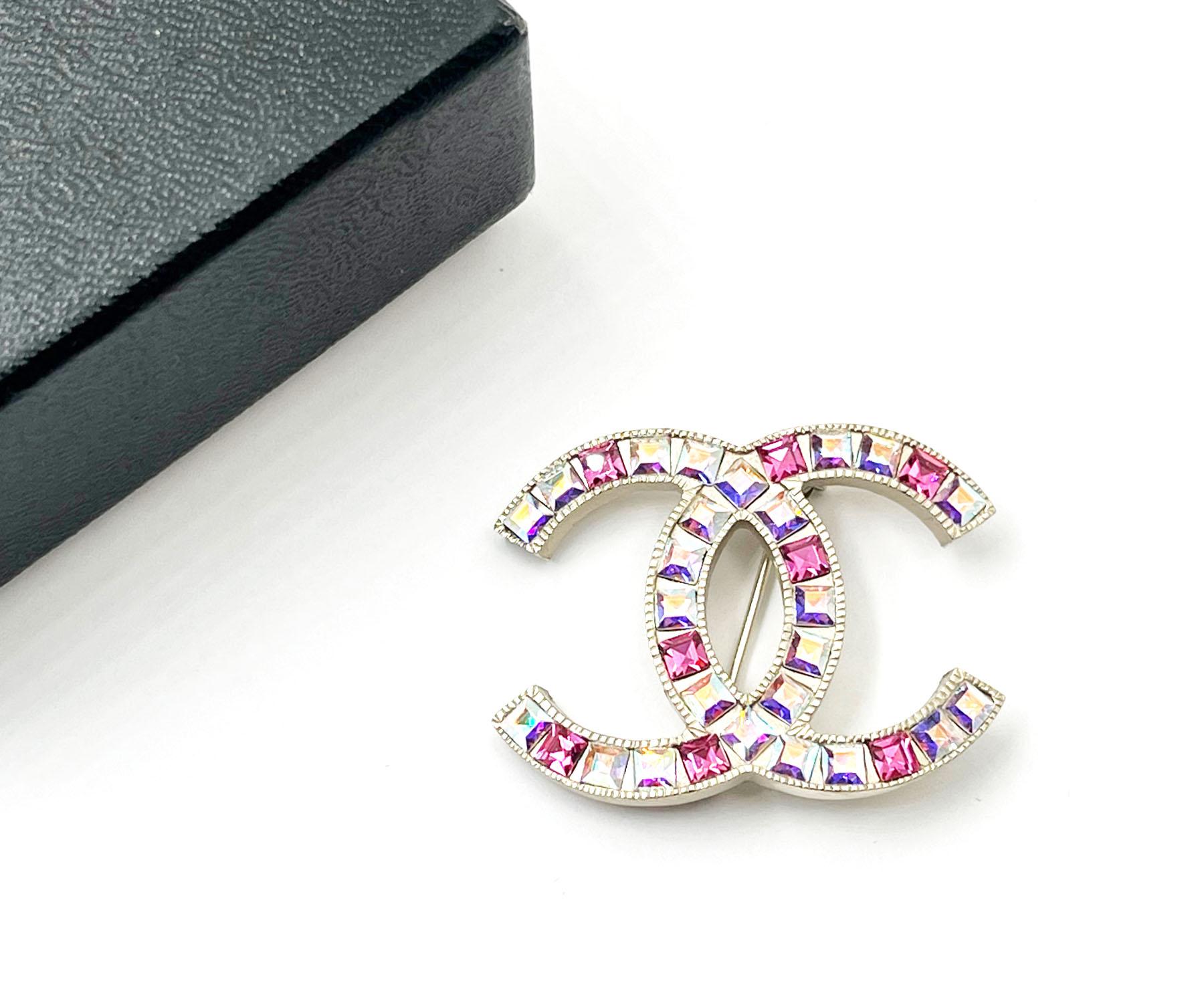 Artisan Chanel Silver CC Pink Iridescent Crystal Brooch
