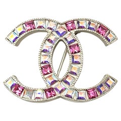 Chanel Silver CC Pink Iridescent Crystal Brooch 