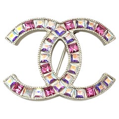 Chanel Silver CC Pink Iridescent Crystal Brooch