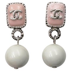 Chanel Silver CC Pink Rectangle Mint Bead Drop Piercing Earrings  