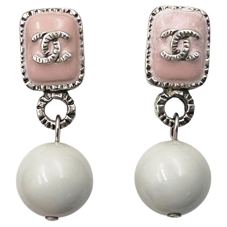Chanel Silver CC Pink Rectangle Mint Bead Drop Piercing Earrings For Sale  at 1stDibs