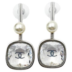 Chanel Silver CC Princess Crystal Geo Pearl Large Drop Piercing Earrings  