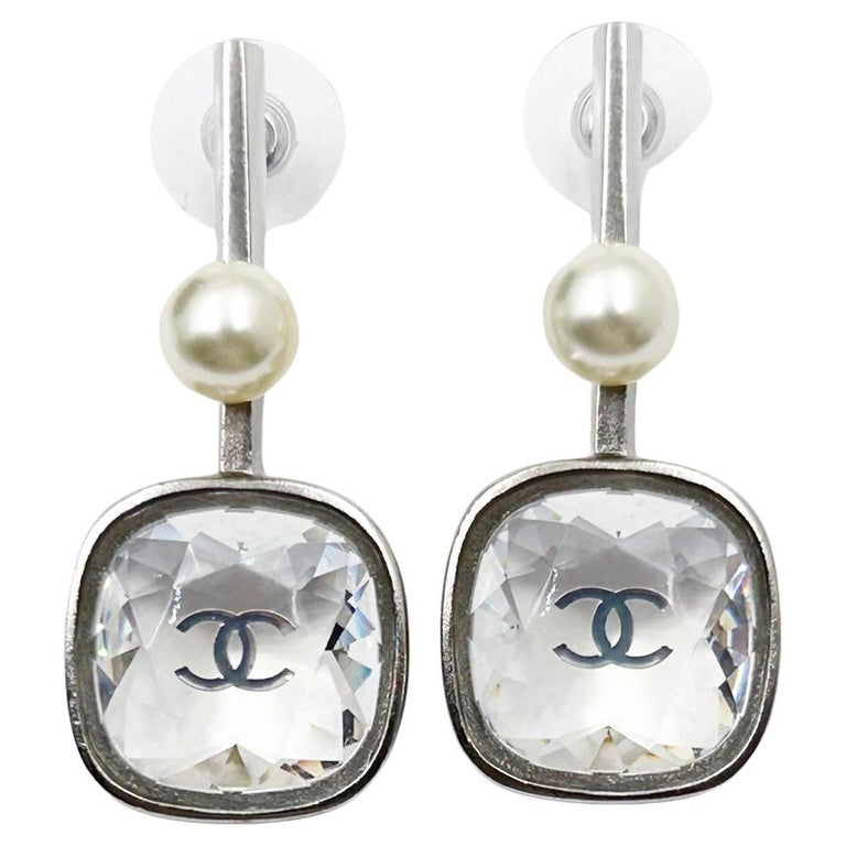 Chanel Silver CC Princess Crystal Geo Pearl Large Drop Piercing