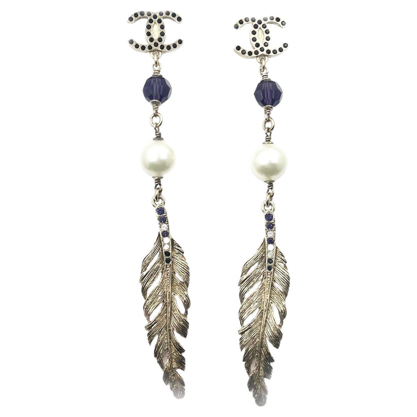 Chanel Silver CC Purple Crystal Pearl Feather Long Clip on Earrings 