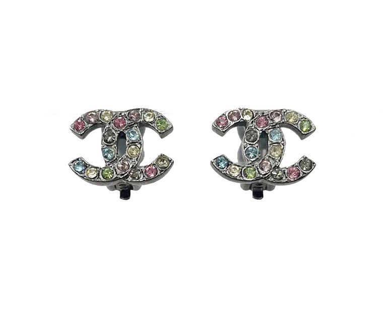 Chanel Silver CC Rainbow Crystals Clip on Earrings For Sale at 1stDibs