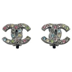 Chanel Silver CC Rainbow Crystals Clip on Earrings 