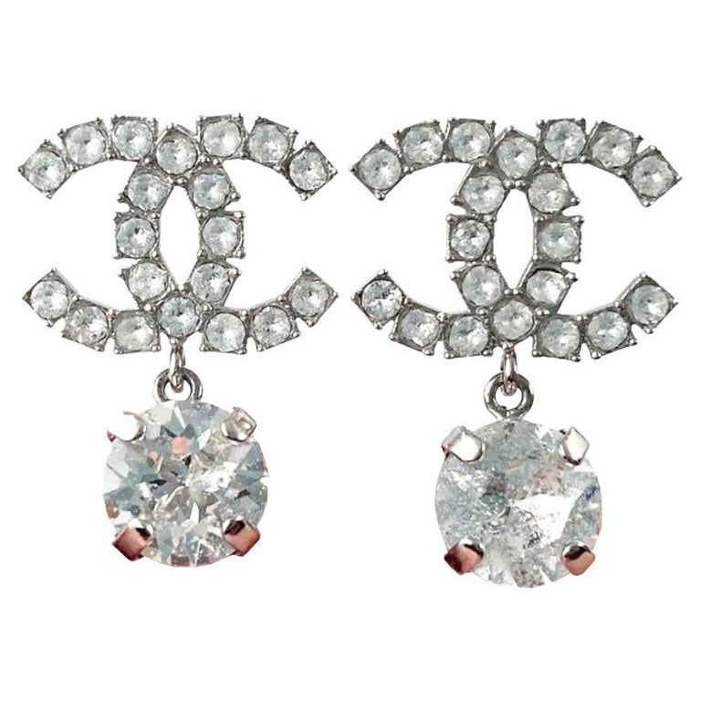 Chanel CC Half Half Pearl Crystal Large Piercing Earrings