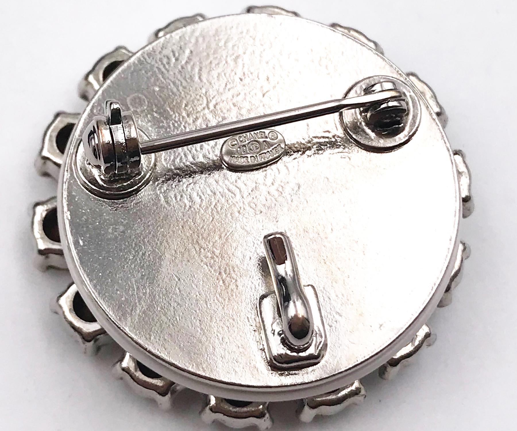 Chanel Silver CC Rocky Crystal Round Small Brooch Pendant  In Excellent Condition In Pasadena, CA