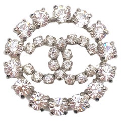 Chanel Silver CC Rocky Crystal Round Small Brooch Pendant 