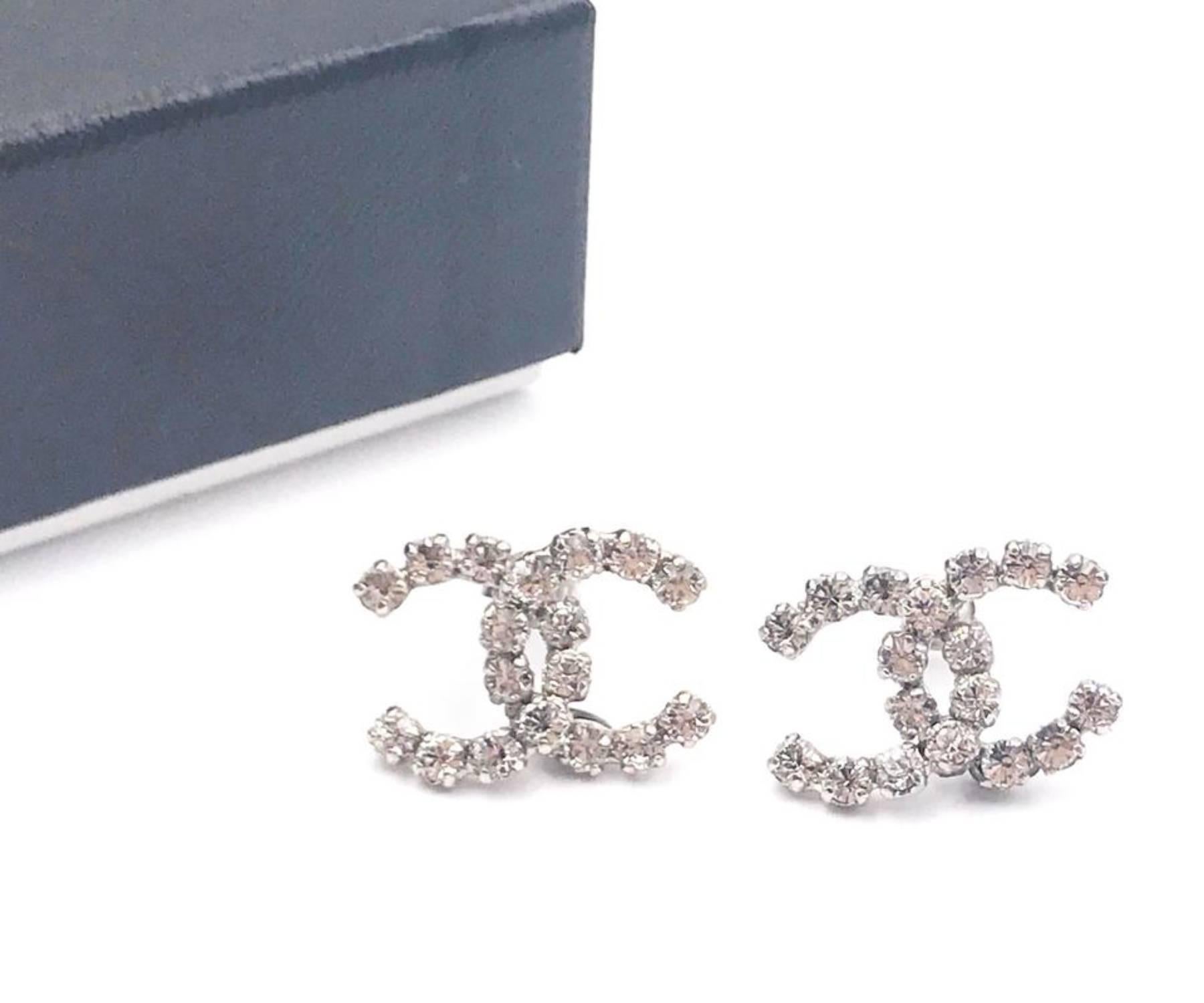 Artisan Chanel Silver CC Rocky Super Shiny Crystal Piercing Earrings