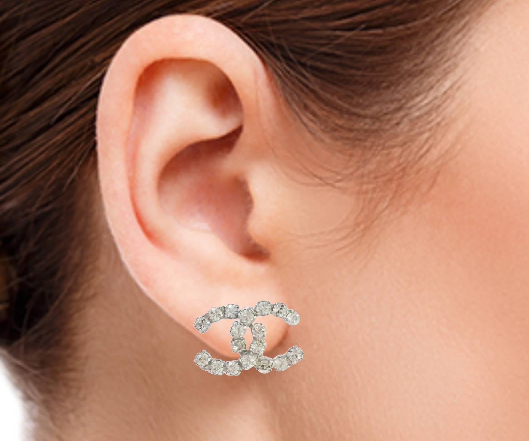 Chanel Silver CC Rocky Super Shiny Crystal Piercing Earrings In Excellent Condition In Pasadena, CA
